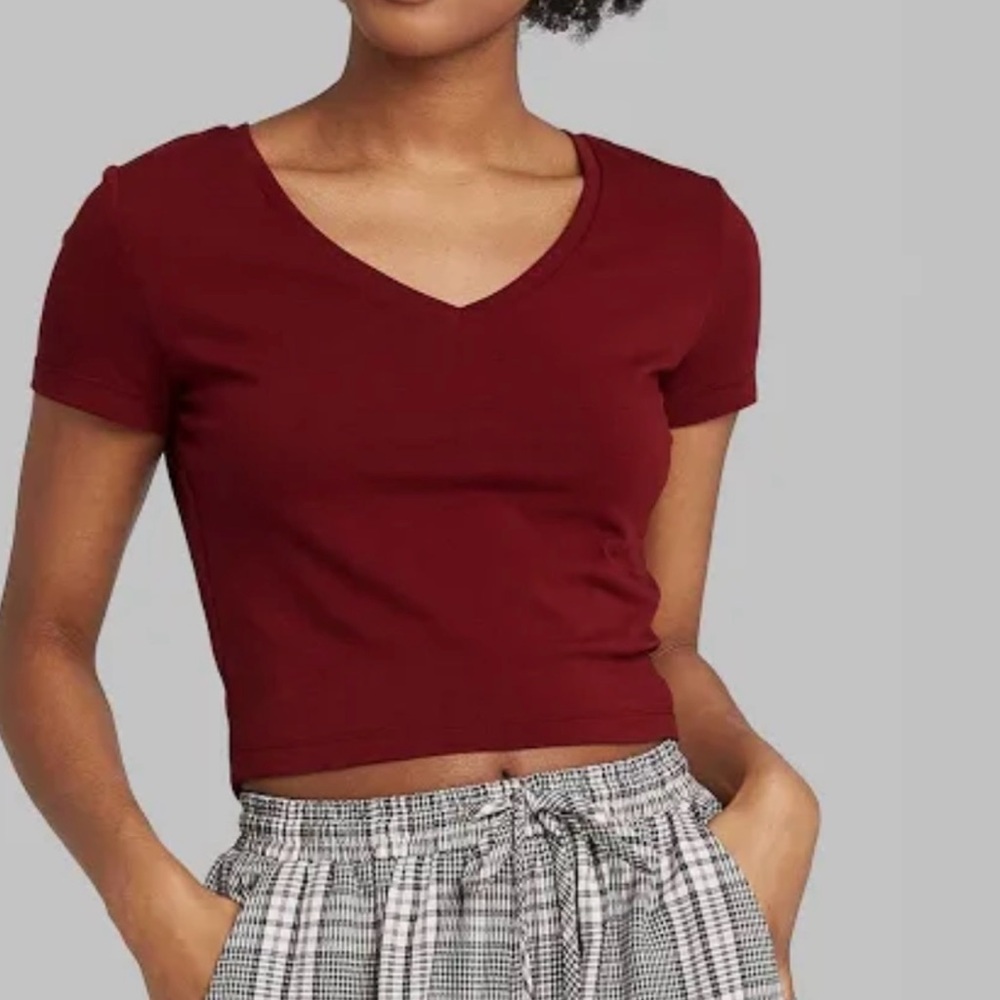 Women's Cropped V-Neck T-Shirt Maroon XS & M ~ Wild Fable ✨NEW & Super Cute✨